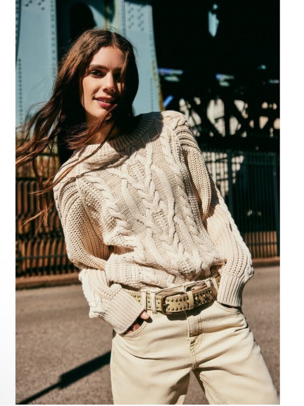 Free People Frankie Cable Knit Fisherman Crewneck Sweater Size Small